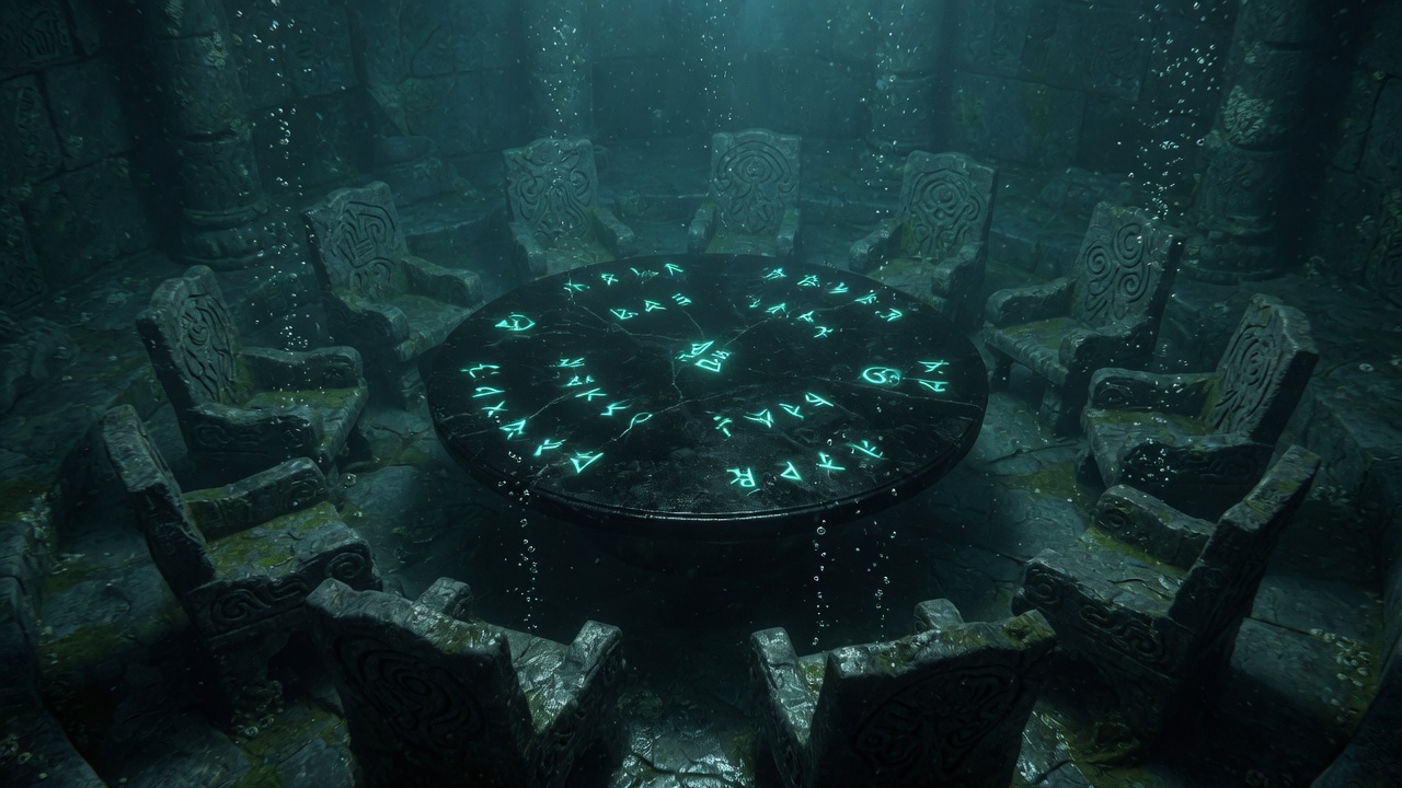 A ring of carved stone chairs around a black table of glowing runes, underwater.