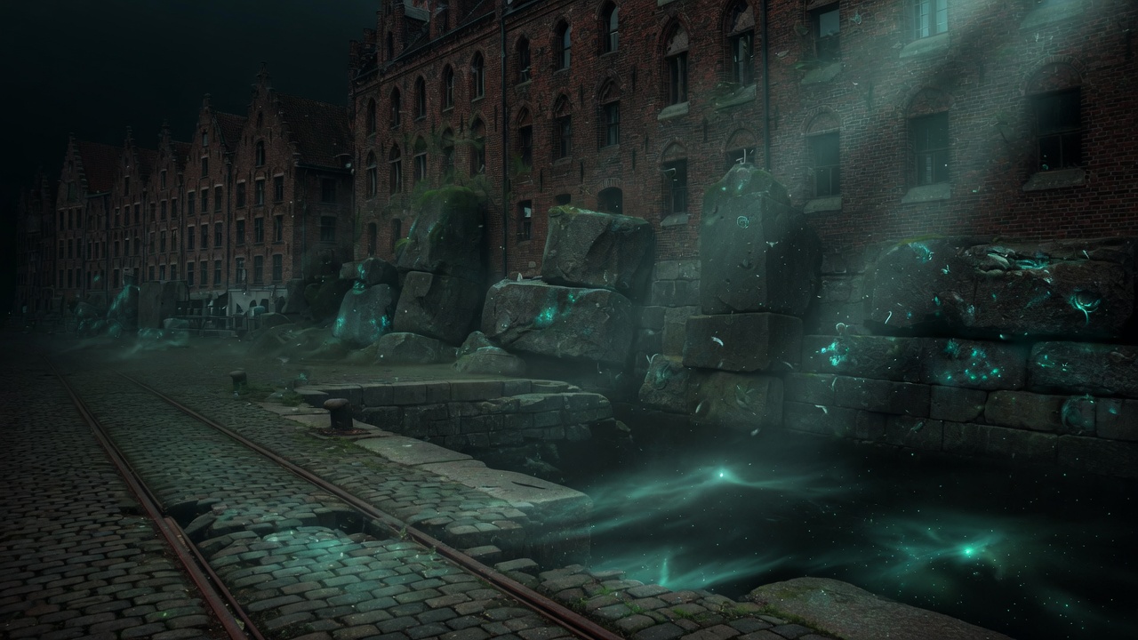 A brick Hanseatic waterfront where cyclopean stones have erupted from a glowing canal.