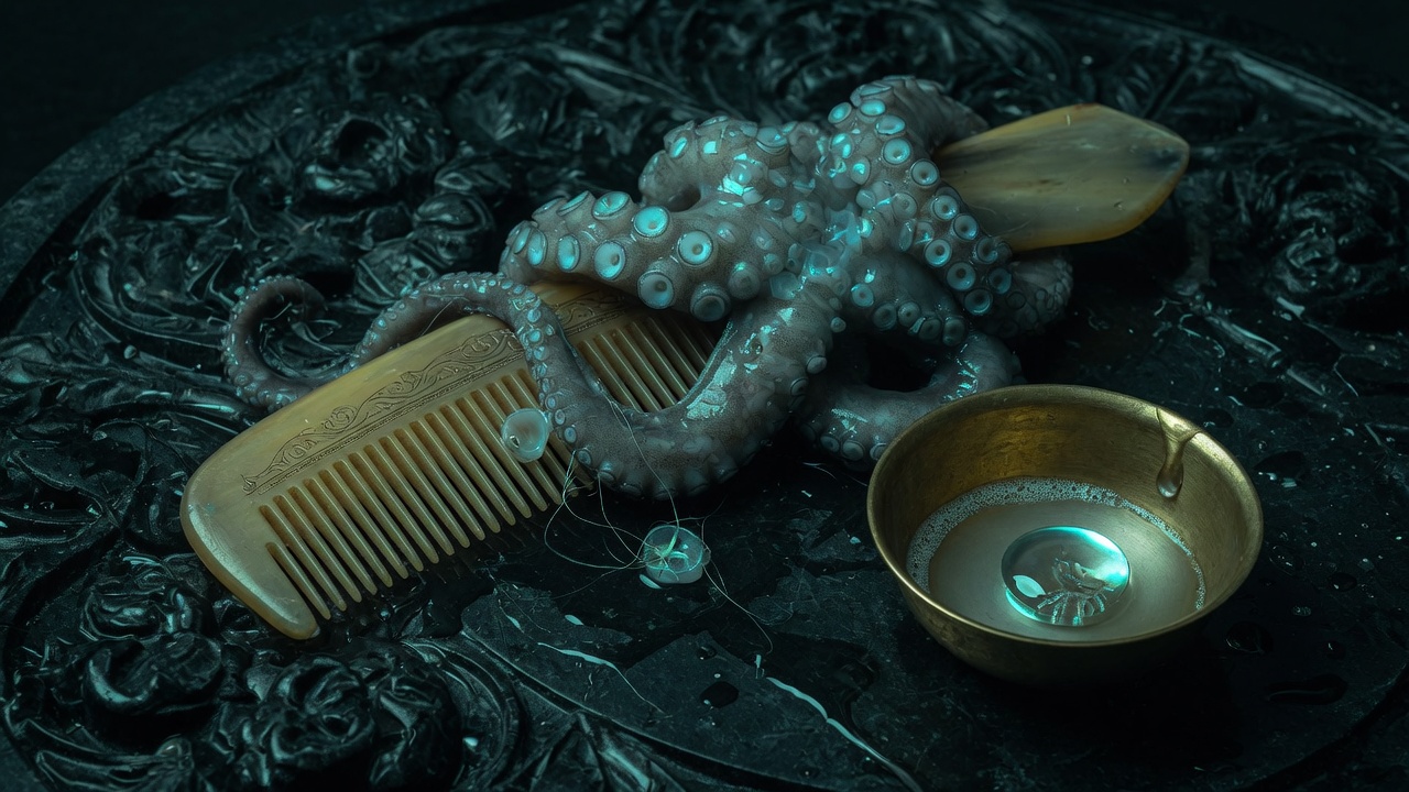 An antique comb bound up in glowing teal tentacles beside a brass bowl of seawater.