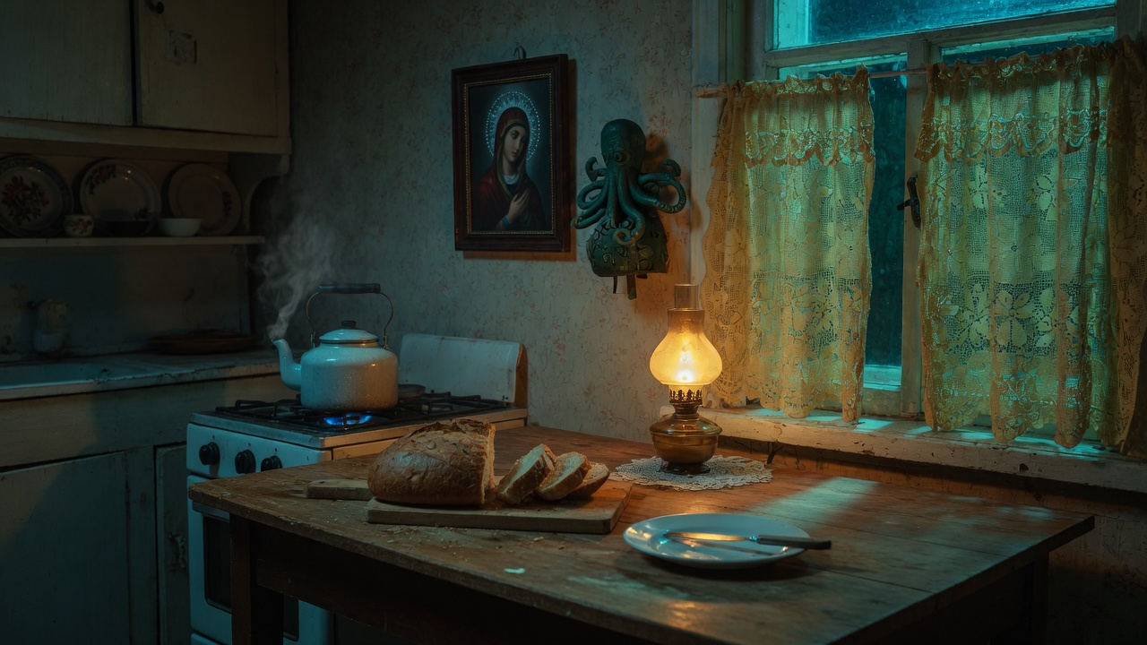 An old Polish kitchen at night: kettle, bread, lace curtains, a holy picture beside a small tentacled idol.