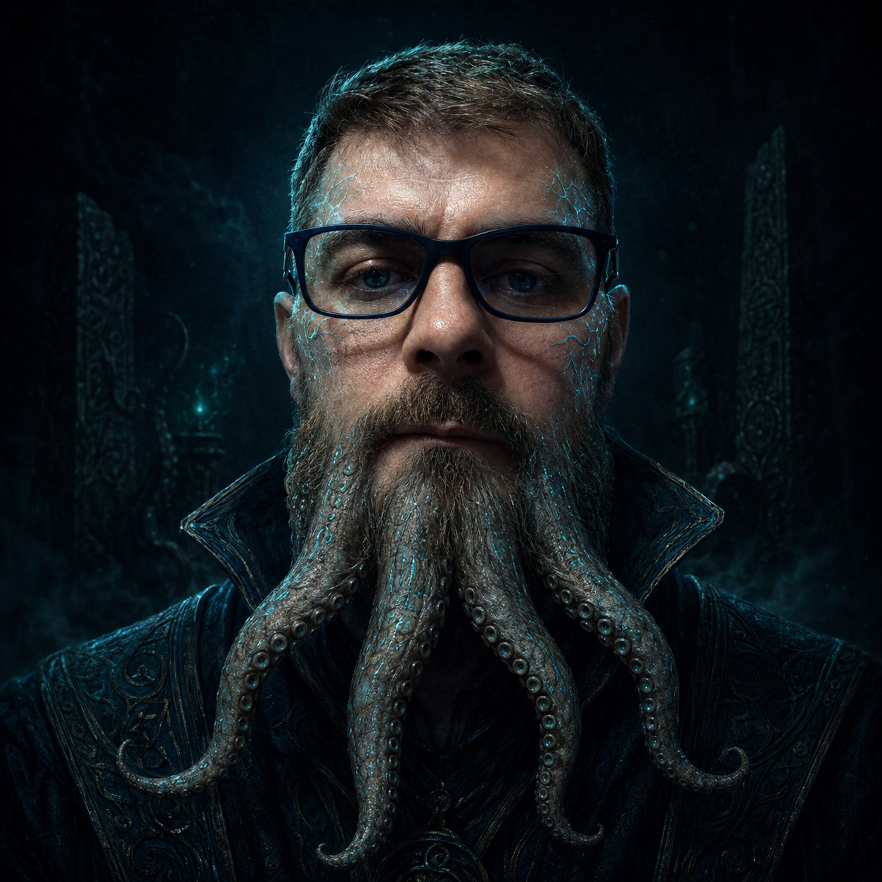 Macki: a bearded man in black spectacles and a carved high-collar robe, his beard become six wet tentacles veined with teal light.