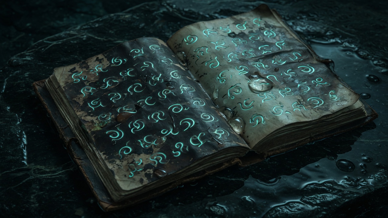 A water-stained book whose glyphs glow teal on wet black stone.