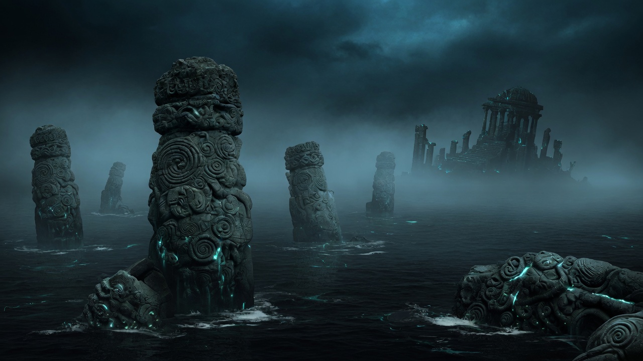 Cyclopean pillars rising from a black sea under a teal storm.