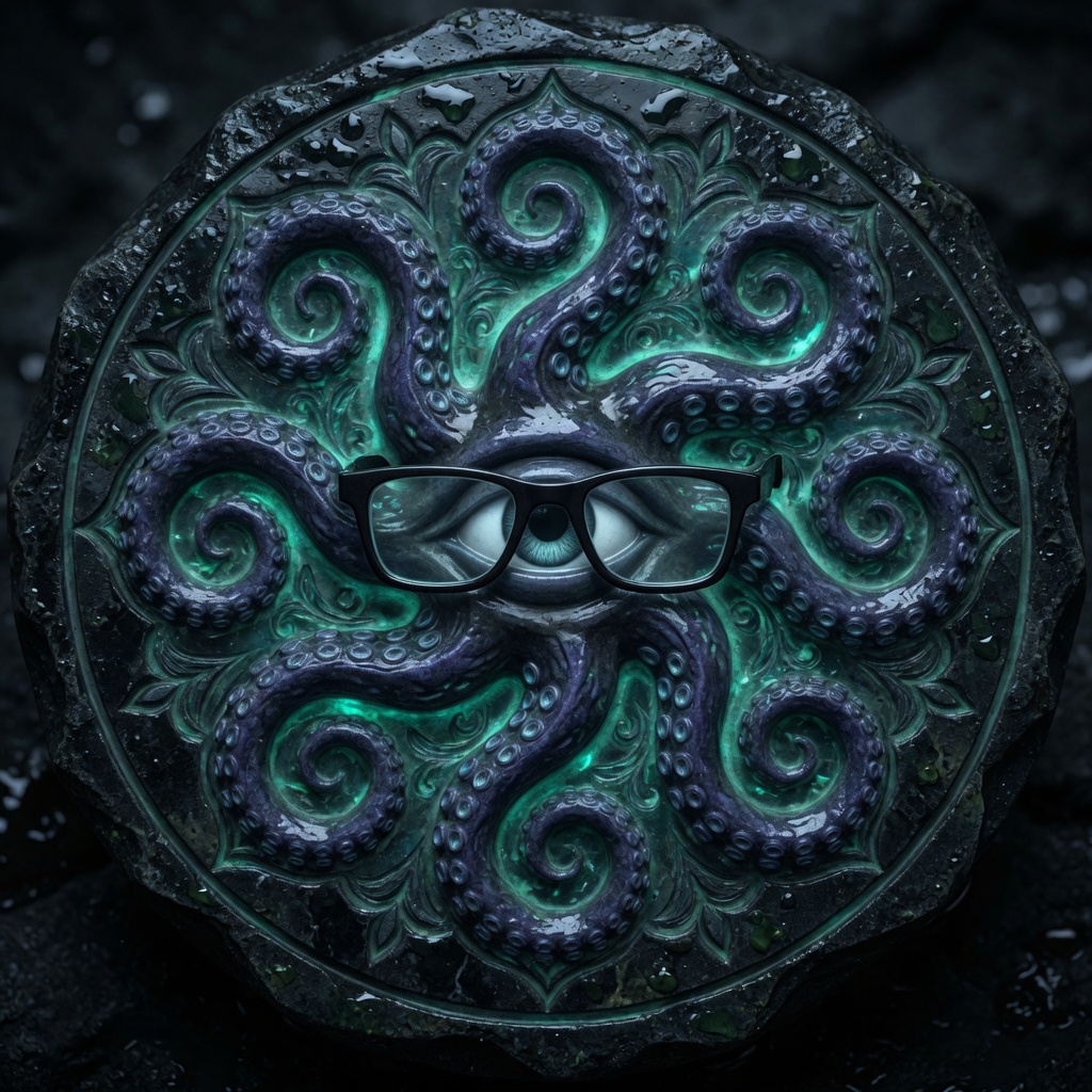A carved stone seal: an eye in spectacles, ringed by tentacles.
