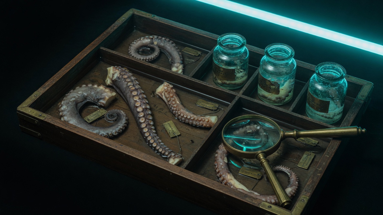 A naturalist's wooden tray of preserved tentacles, brass tags, teal jars, and a magnifying glass.