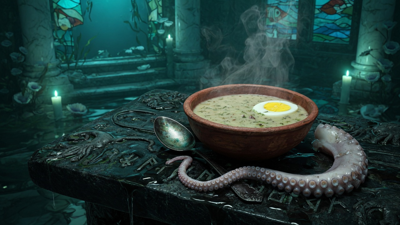 A clay bowl of żurek with egg, a spoon, and a tentacle on a carved underwater altar.